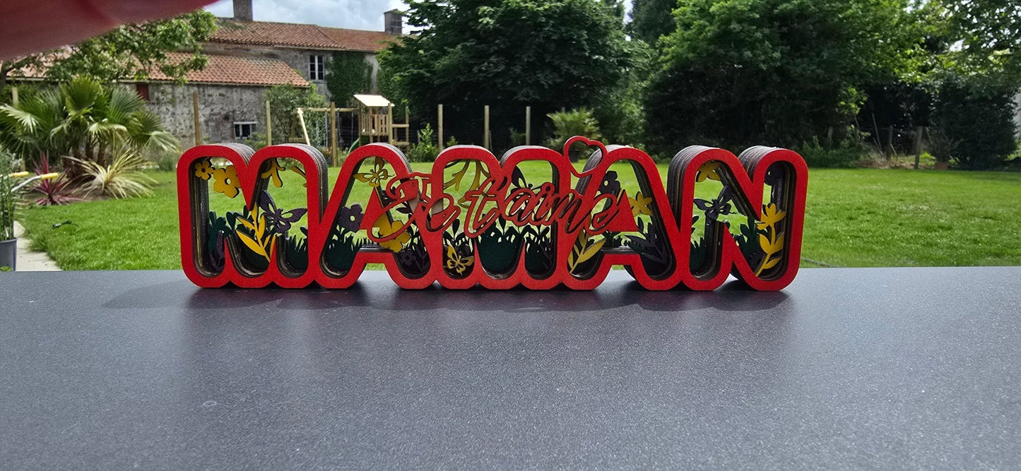 Décoration en bois « MAMAN » – Gravée et découpée au laser avec inscription « Je t’aime » ❤️ - Elograv'art